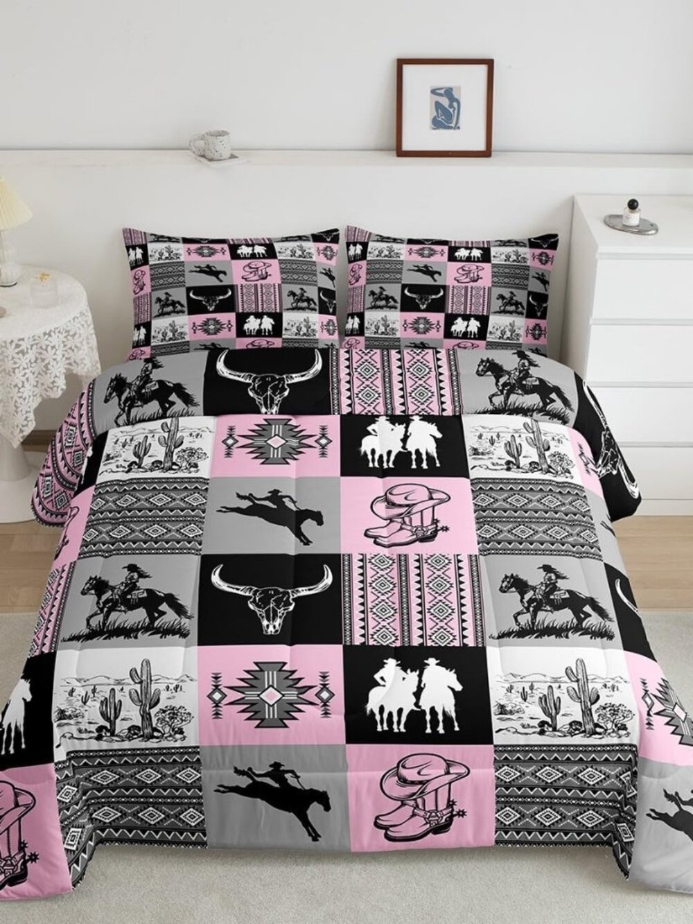 Western Comforter Set Twin Size,Cowgirl Bull Skull Cactus Print Bedding Set,Grey